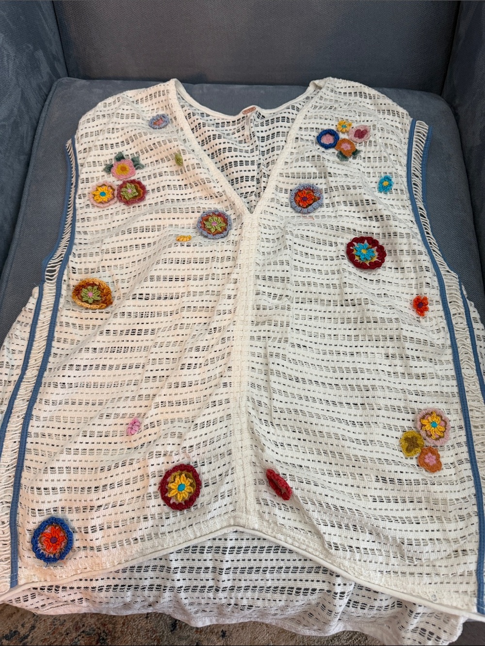 Free People Cream Crochet Seaside Walk Top Multicolor Floral Appliqués - Picture 2 of 2